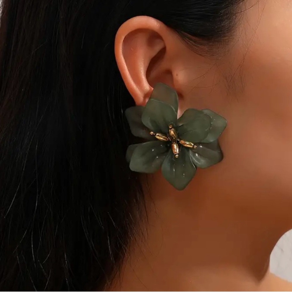 Olive Green Resin Flower Statement Earrings Gold Center